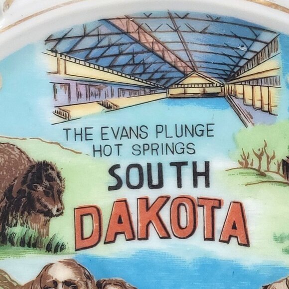 Decorative South Dakota Souvenir Plate With Gold Leaf Design & Scenic Landmarks - Picture 2 of 15